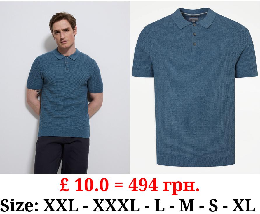 Blue Knitted Short Sleeve Textured Polo Top