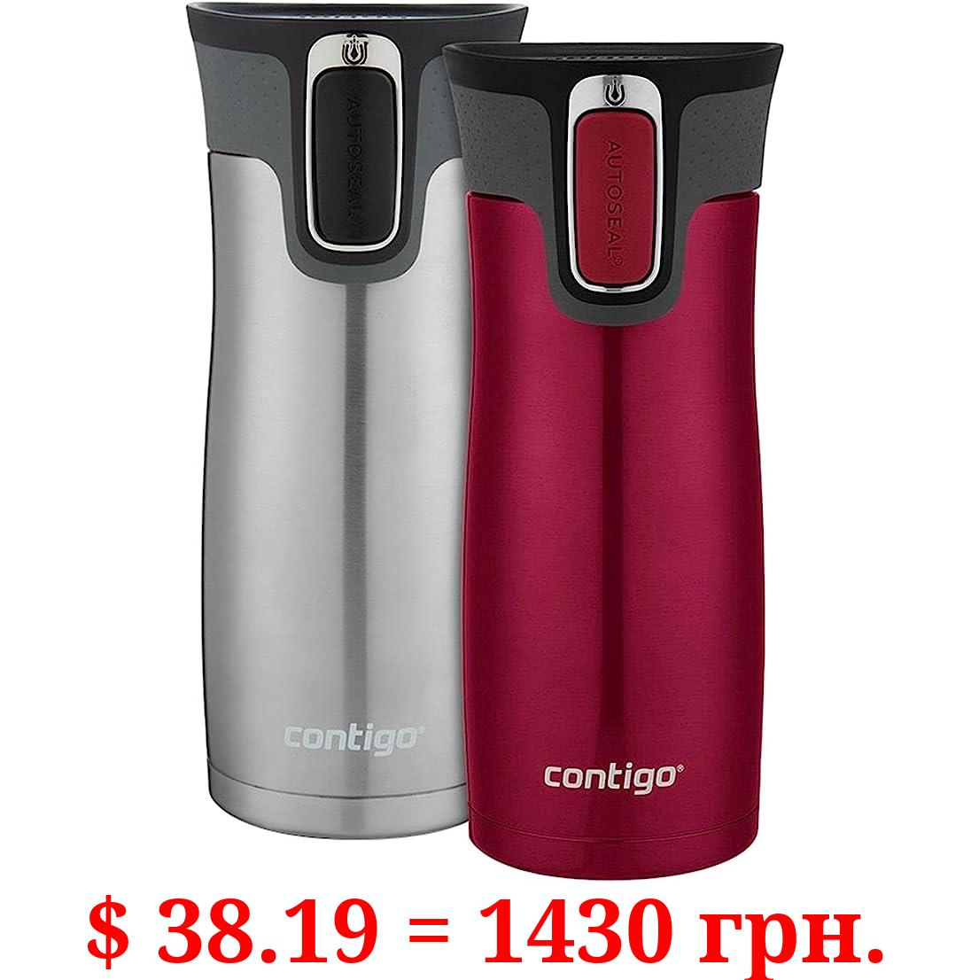 Contigo West Loop Stainless Steel Vacuum-Insulated Travel Mug with Spill-Proof Lid, Keeps Drinks Hot up to 5 Hours and Cold up to 12 Hours, 16oz 2-Pack, Very Berry & Steel