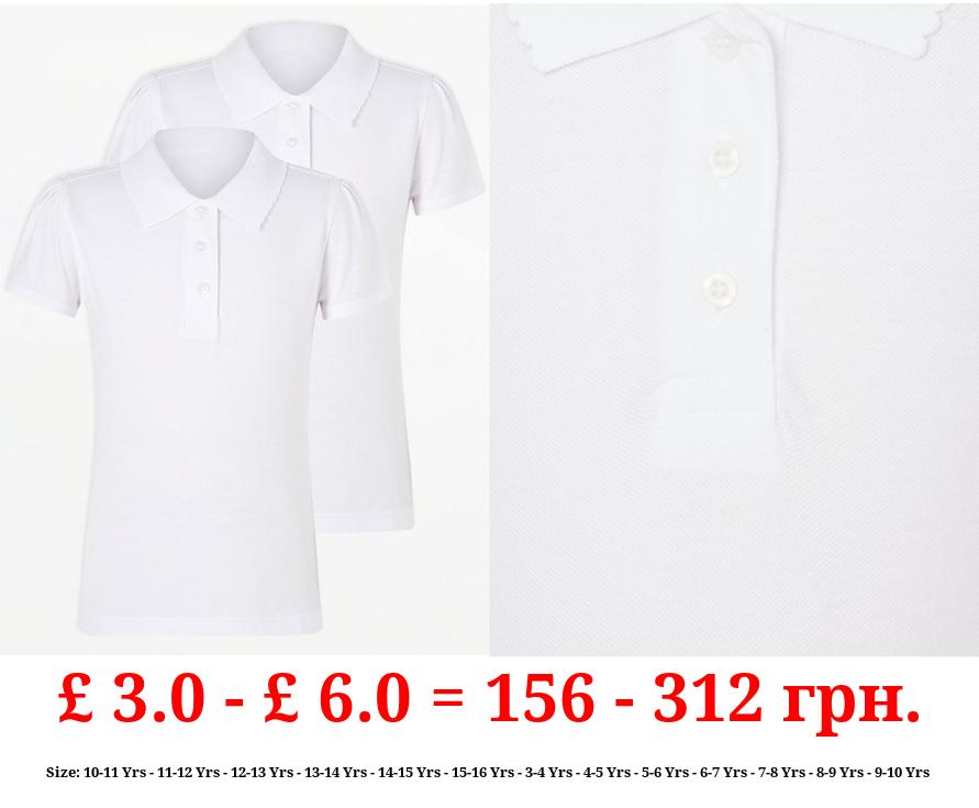 Girls White Slim Fit Scallop School Polo Shirt 2 Pack