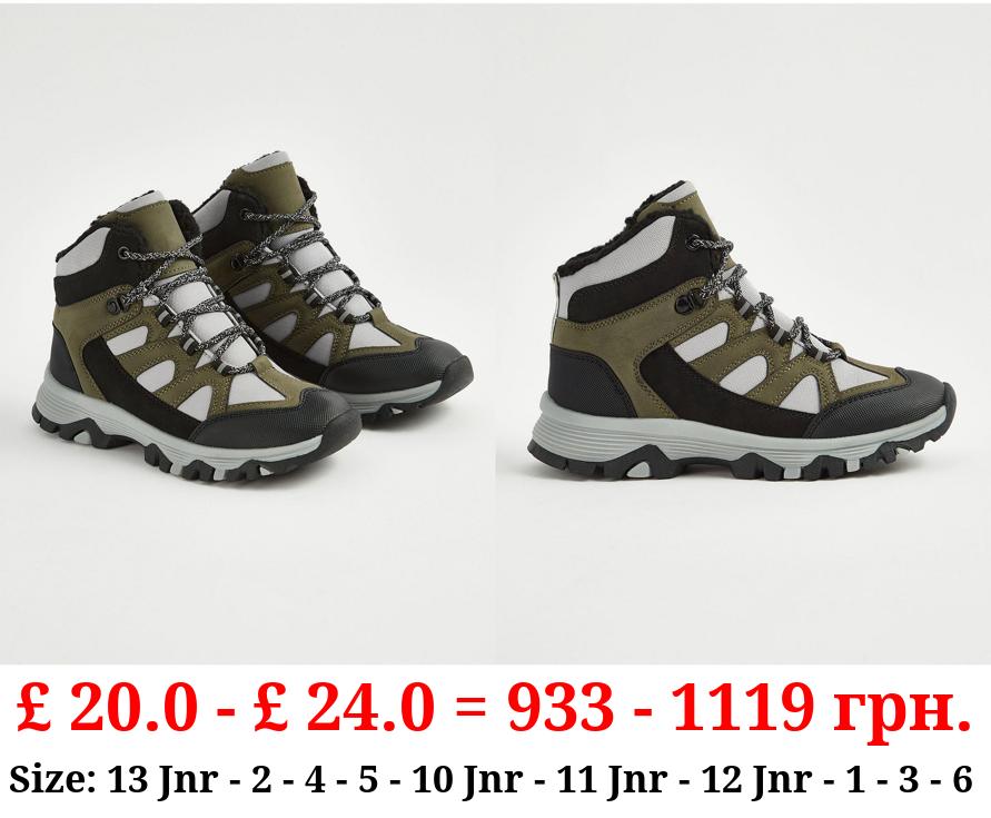 Khaki Panelled Fleece Lined Mountain Boots