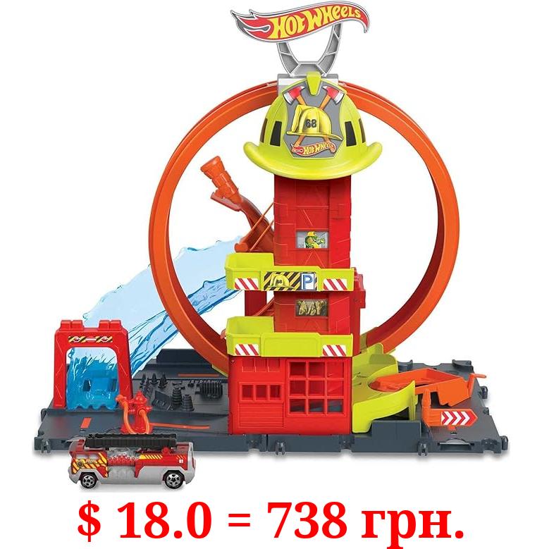 Hot Wheels Toy Car Track Set City Super Loop Fire Station & 1:64 Scale Firetruck, Connects to Other Sets