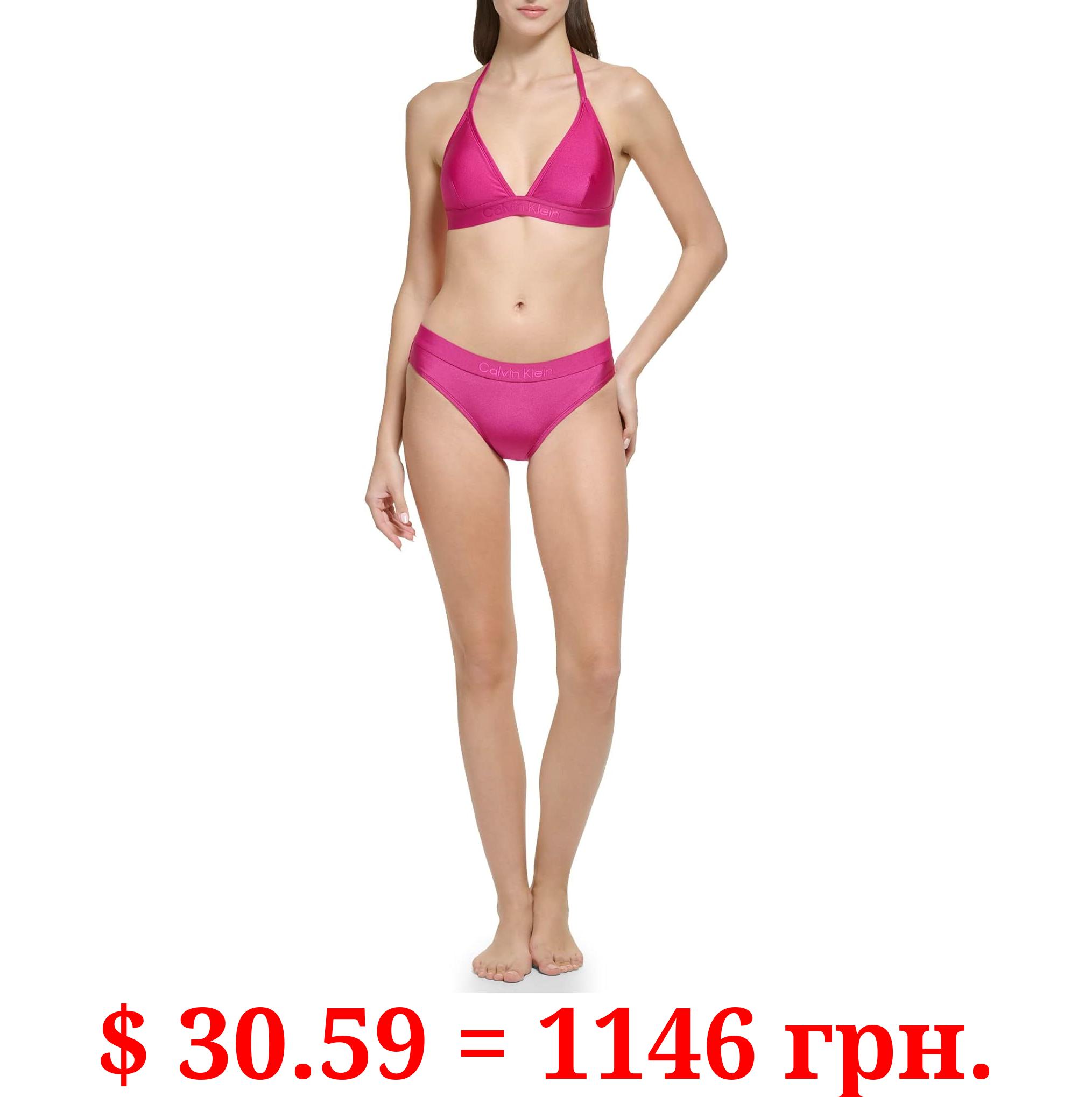 Calvin Klein Women's Standard Removable Soft Cups Bottom Shimmer Fabric Halter Tie Bikini Top 2 Piece Set