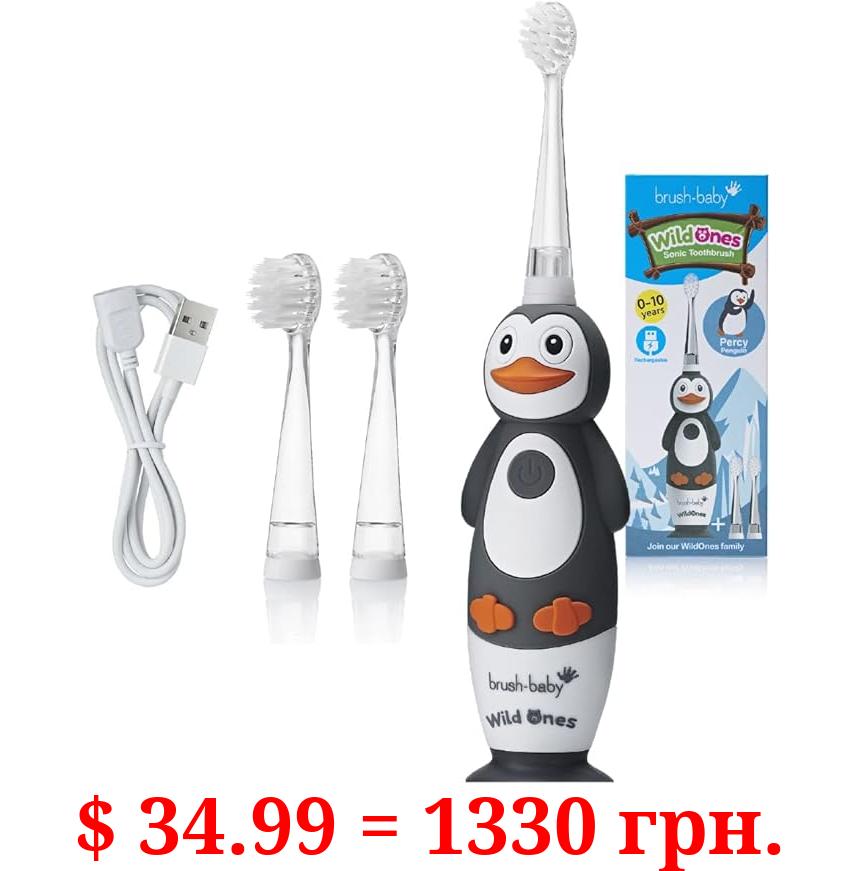 brush-baby WildOnes Kids Electric Rechargeable Toothbrush Penguin, 1 Handle, 3 Brush Heads, USB Charging Cable, for Ages 0-10 (Penguin)