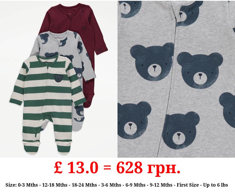 Teddy Bear Long Sleeve Sleepsuits 3 Pack