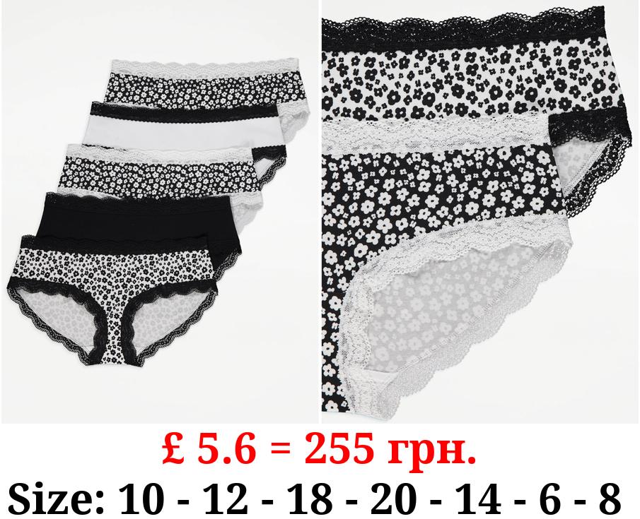 Mono Lace Trim Floral Short Knickers 5 Pack