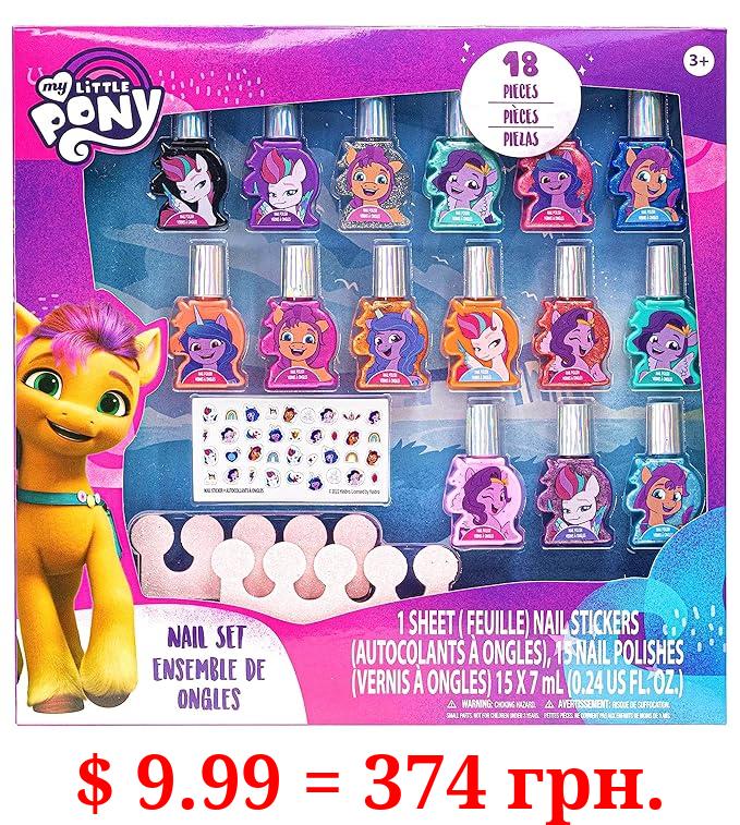 Townley Girl My Little Pony Non-Toxic Water Based Peel-Off Nail Polish Set for Girls, Glittery & Opaque Colors, with Toe Spacers & Nail Stickers