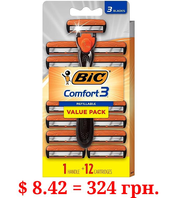 BIC Comfort 3 Refillable Three-Blade Disposable Razors for Men, Sensitive Skin Razor for a Comfortable Shave, 1 Handle and 12 Cartridges With 3 Blades, 13 Piece Razor Kit