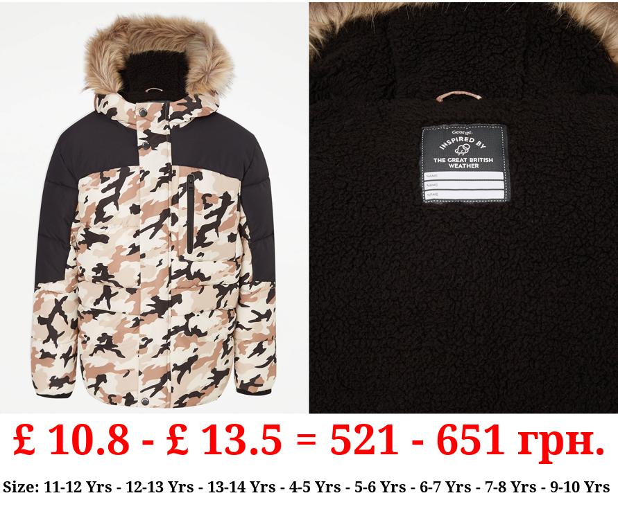 Neutral Camouflage Faux Fur Trim Padded Coat