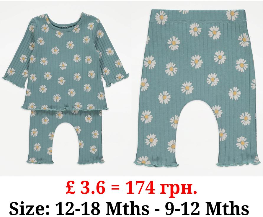 Teal Daisy Ribbed Top and Trousers Outfit