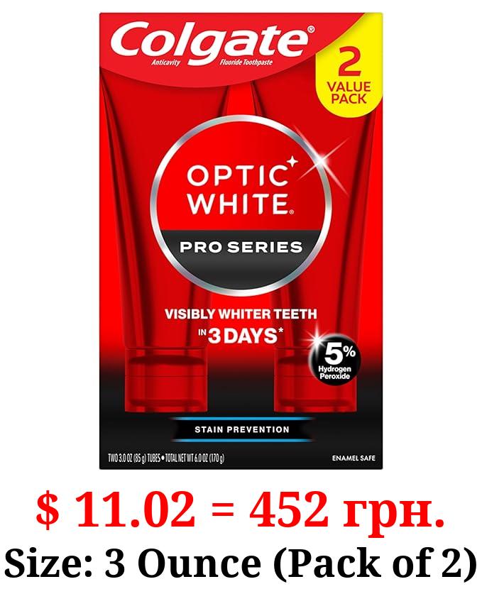 Colgate Optic White Pro Series Whitening Toothpaste with 5% Hydrogen Peroxide, Stain Prevention, 3 oz Tube, 2 Pack
