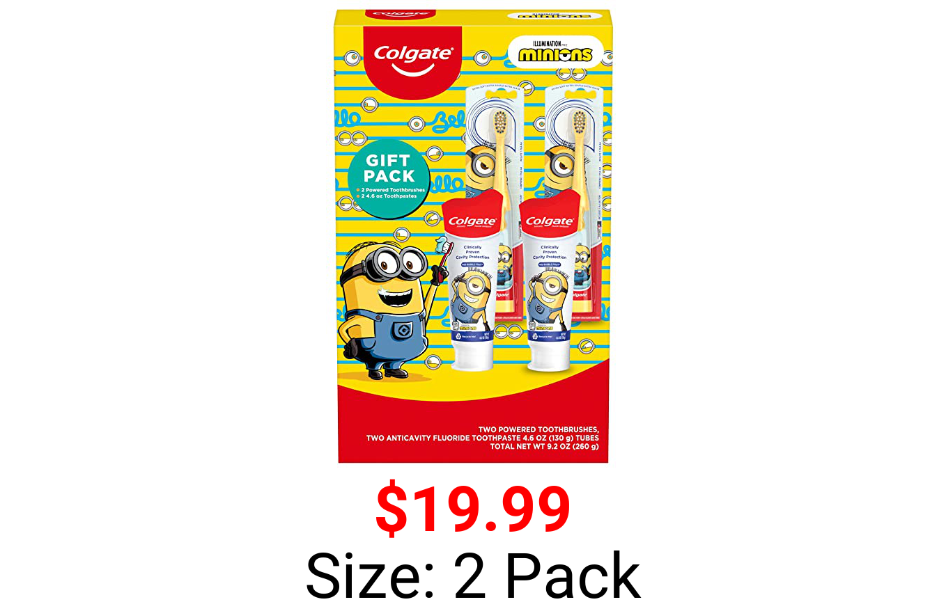 Colgate Kids Toothbrush Set with Toothpaste, Minions Toothbrush Gift Set, 2 Battery Toothbrushes and 2 Toothpastes