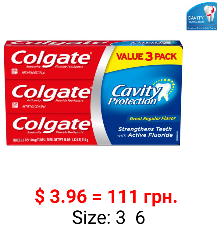 Colgate Cavity Protection Toothpaste with Fluoride, Great Regular Flavor, 6 Oz, 3 Ct
