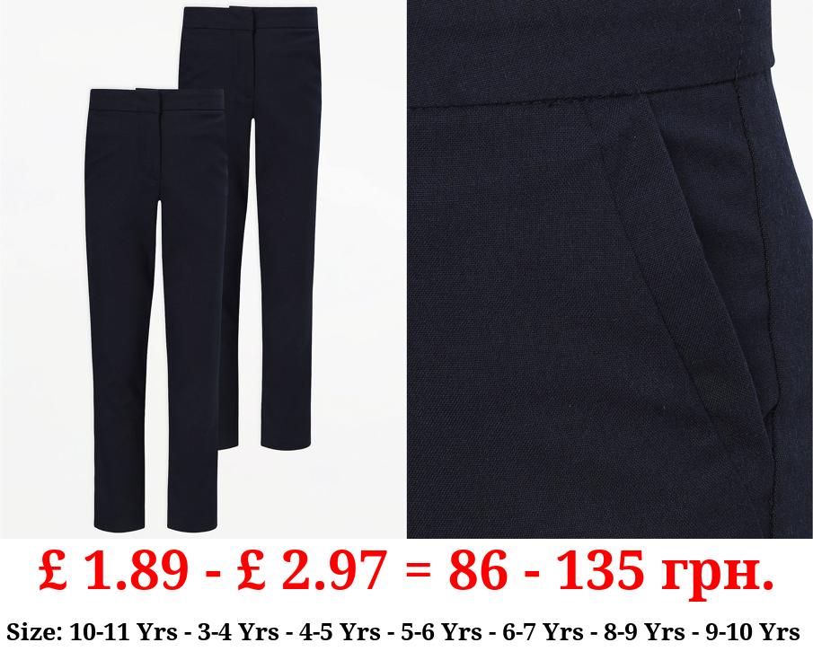 Girls Navy Longer Length Slim Leg School Trousers 2 Pack