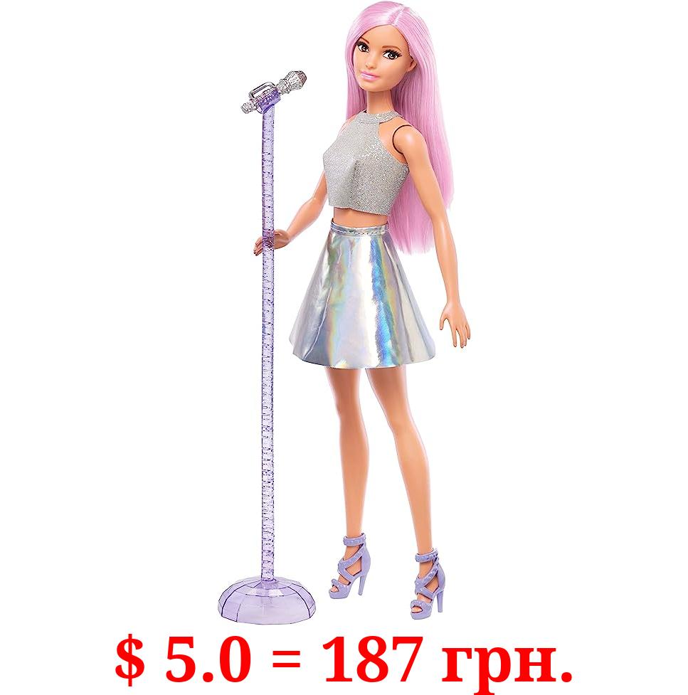 Barbie Pop Star Doll Dressed In Iridescent Skirt with Microphone and Pink Hair, Gift for 3 to 7 Year Olds