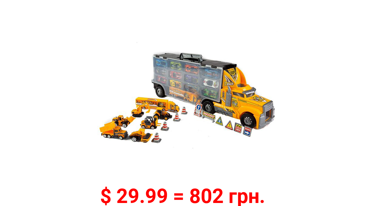Kovot Toy Construction Truck Carrier 31 Piece Playset | Includes (6) Mini Construction Vehicles (2) Mini Trucks (10) Assorted Construction Items (12) Cars & (1) Carrier Truck Secret Slide