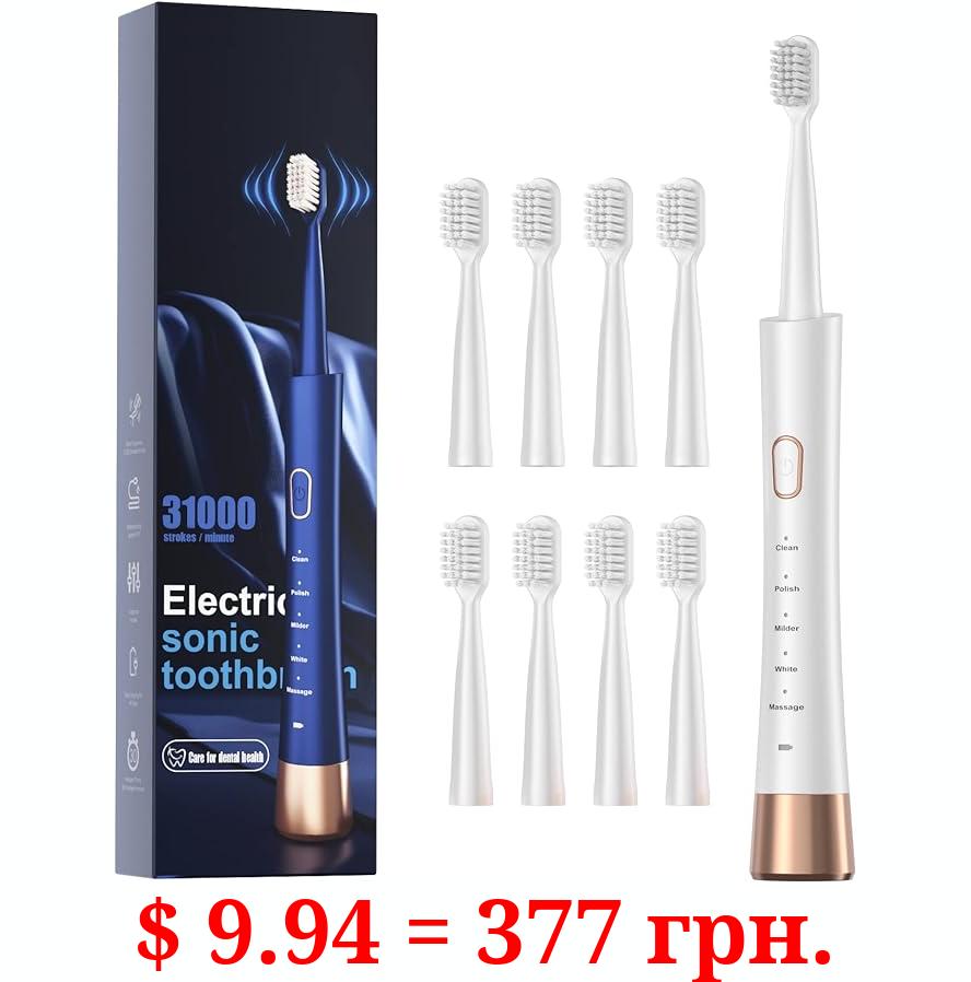 High Vibration Sonic Electric Toothbrush for Adults with 2 Minutes Smart Timer, Fast Charge Lasts Long, 5 Optional Modes, 8 Replacement Brush Heads Ultra Whitening, White