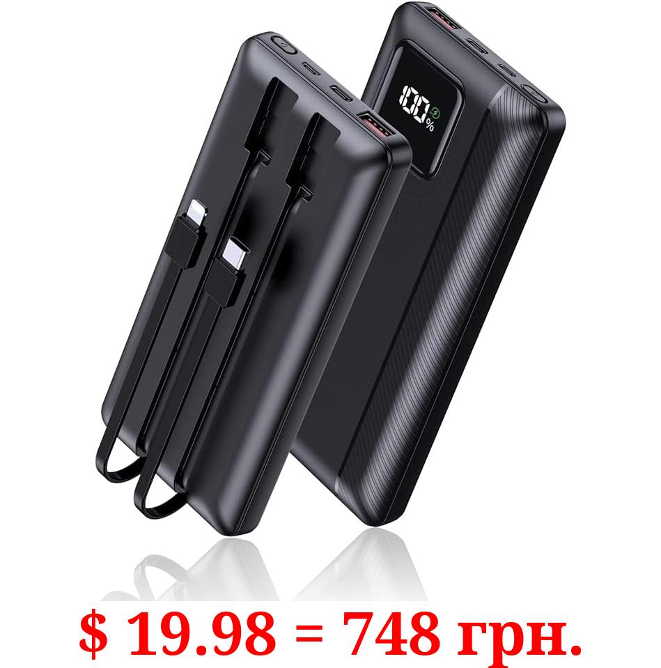 Power-Bank-Portable-Charger - 16000mAh Power Bank Support PD 30W and QC4.0 Fast Charger with Built-in 2 Output Cable and LED Display for iPhone and Android Phones and Most Electronic Devices