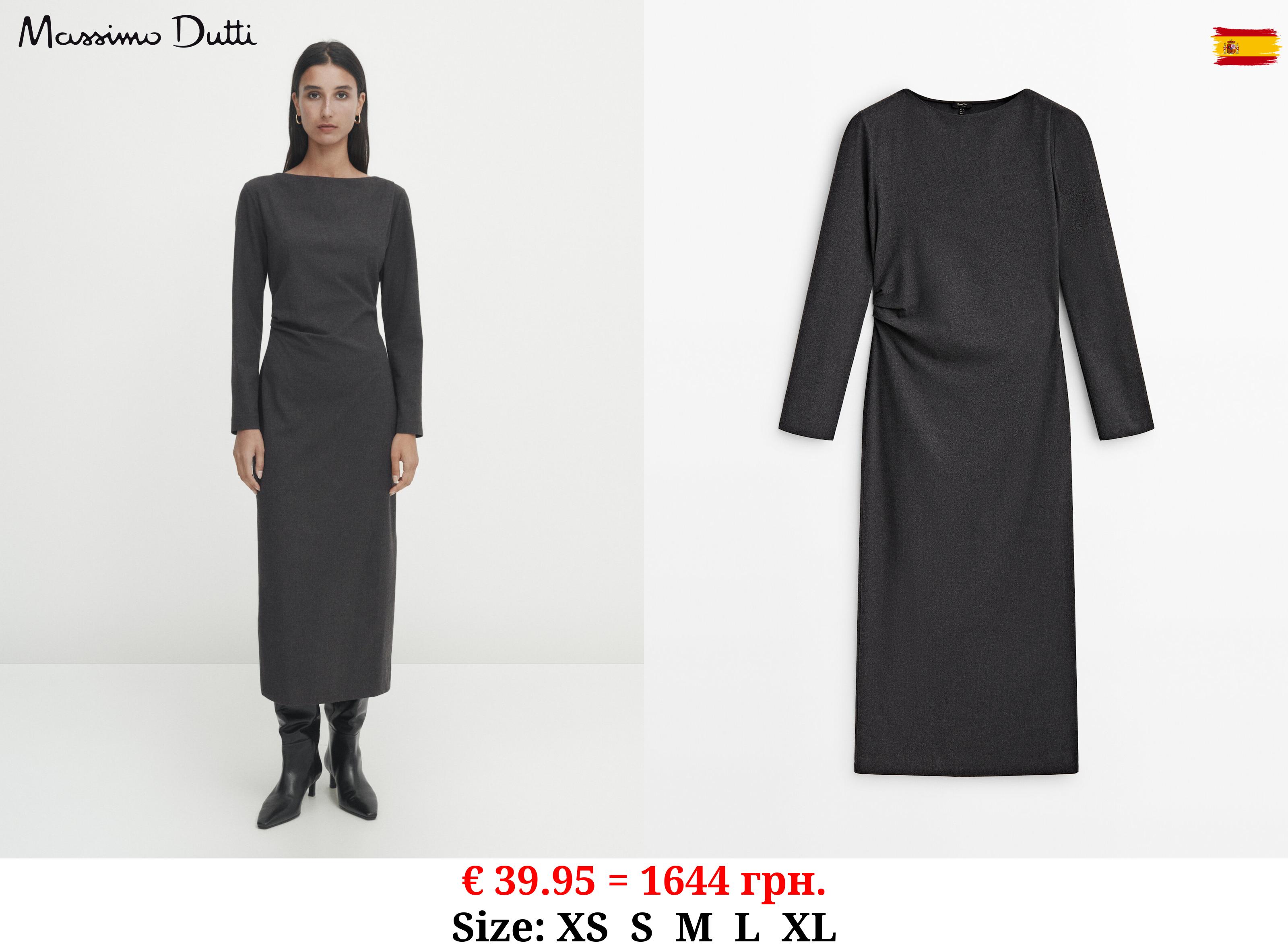 Midi dress with long sleeves and gathered detail GREY