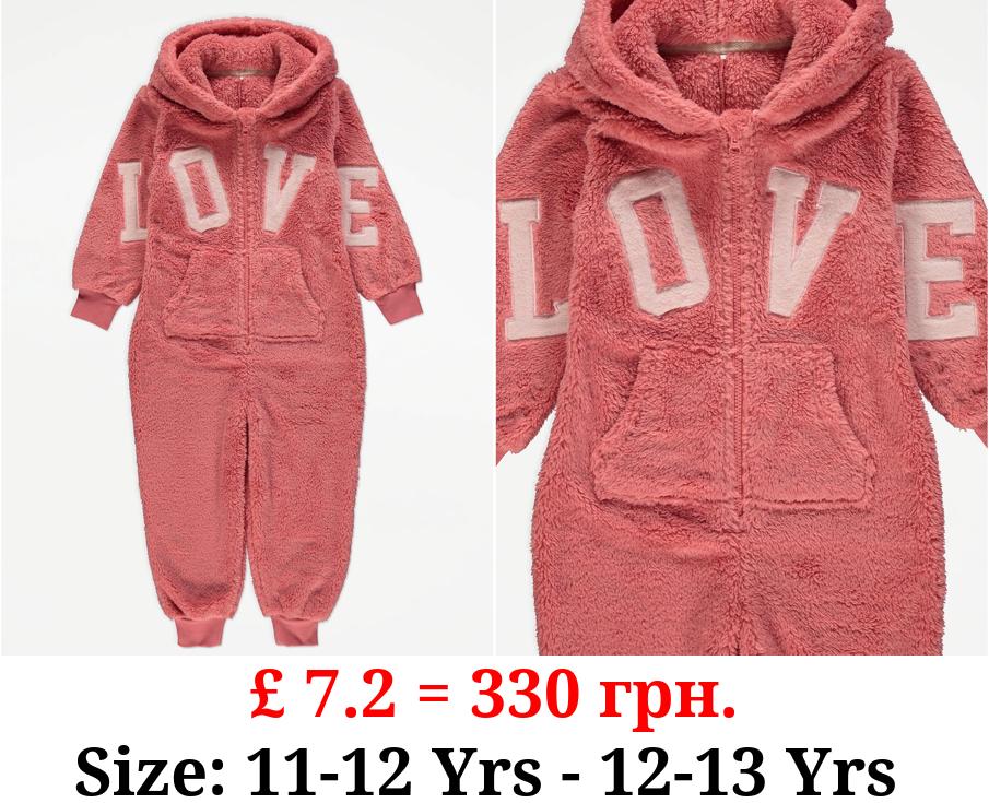 Pink Fleece Love Hooded Onesie
