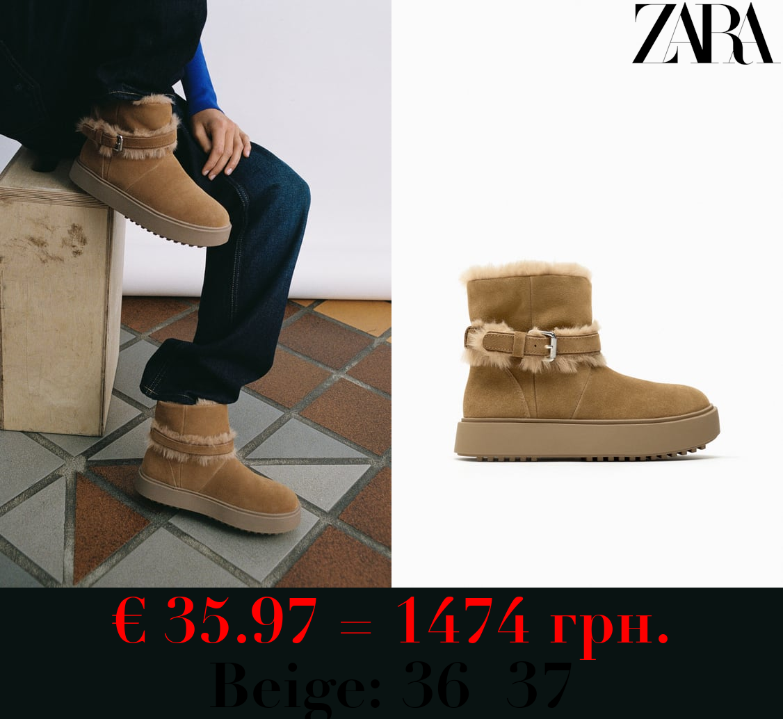 FLAT LEATHER ANKLE BOOTS WITH FAUX FUR