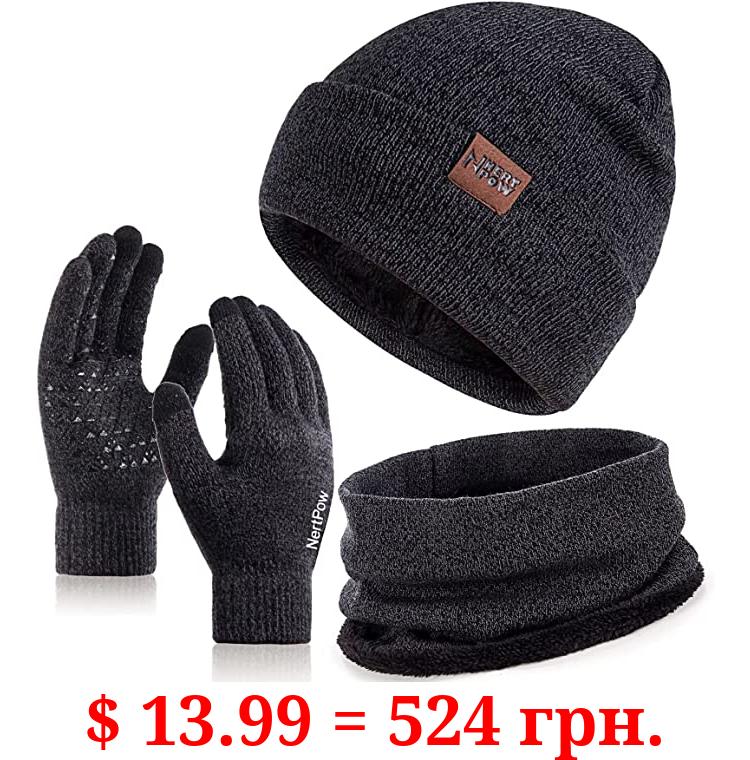 Winter 1-3 PCS Beanie Hat Gloves Scarf for Men and Women, Knit Fleece Lined Warm Touchscreen Gloves Beanie Infitiny Scarf Set