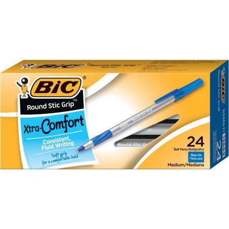 BIC Round Stic Grip Xtra Comfort Ball Pen, Medium Point (1.2 mm) -- Box of 24 Blue Pens