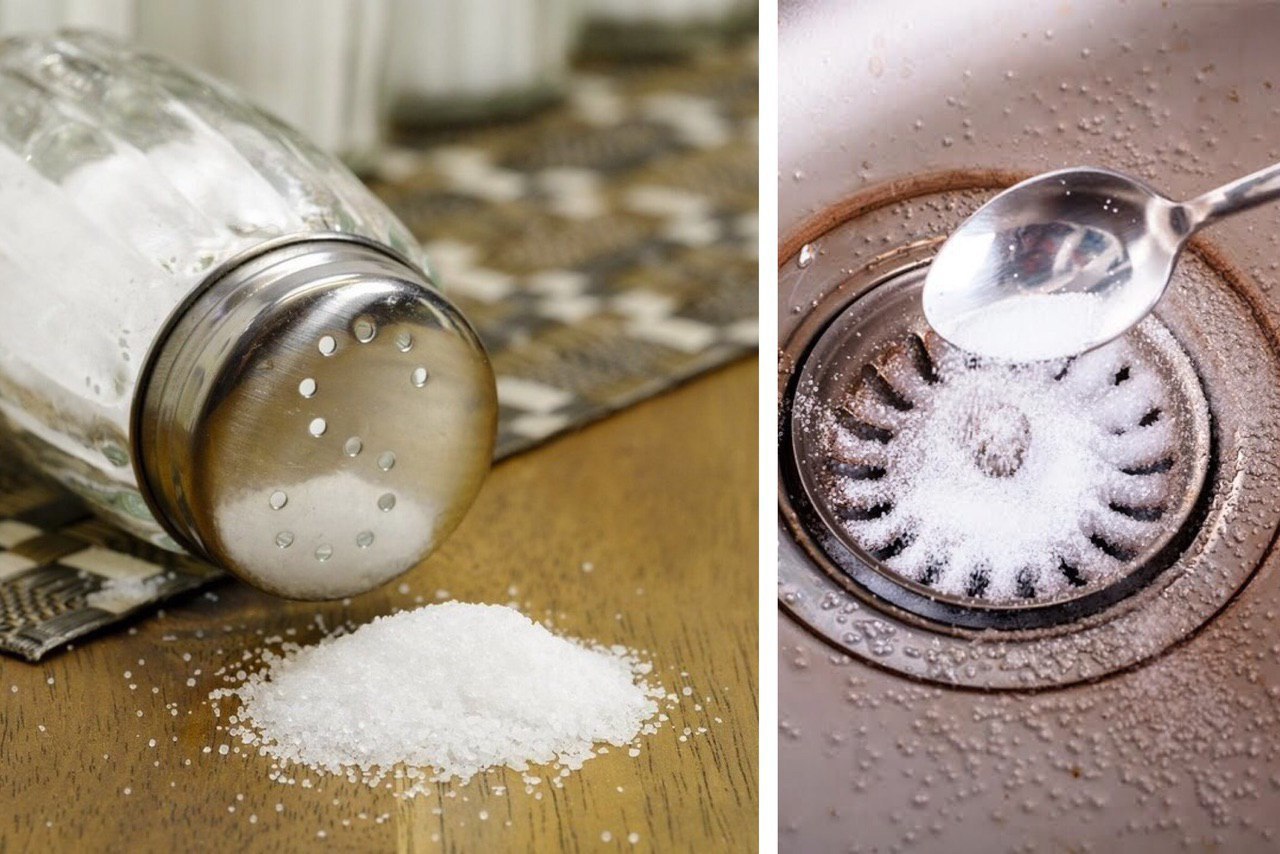 Соль на глазок. Поваренная соль в быту. Рассыпанная соль. Соль на кухне. Соль для прочистки раковины.