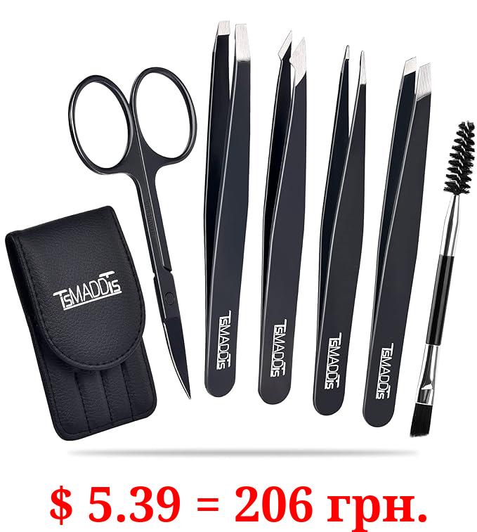 TsMADDTs Tweezers Set and Curved Scissors, Professional Stainless Steel Tweezers for Women and Men, 6 Pack Precision Tweezers For Eyebrows for Ingrown Hair, Daily Beauty Tool with Leather Travel Case