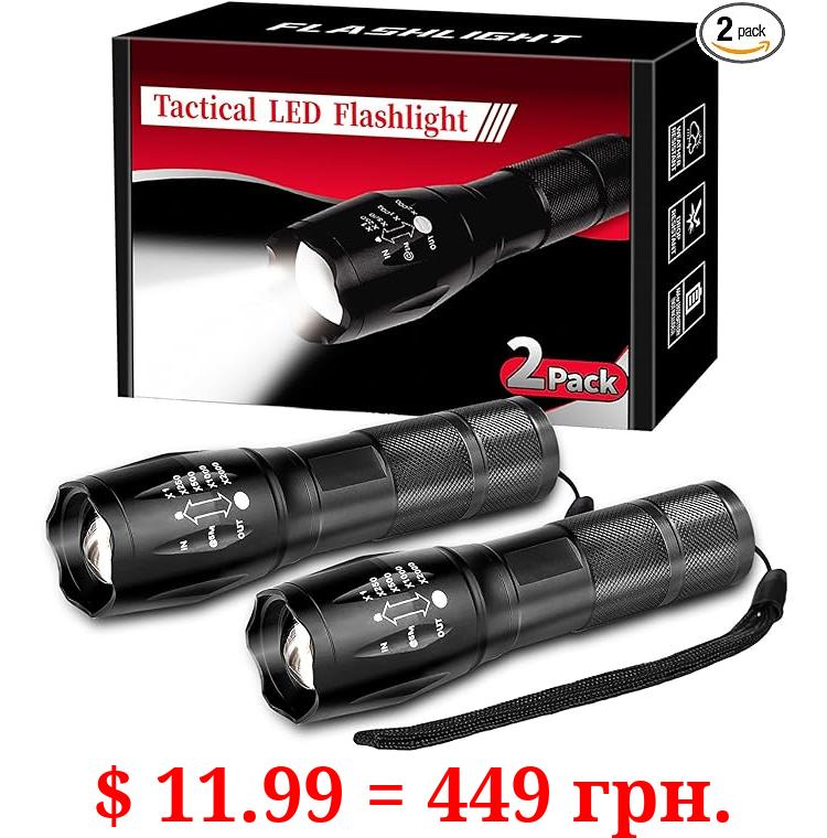 2 Pack Tactical Flashlights Torch, Military Grade 5 Modes 3000 High Lumens Led Waterproof Handheld Flashlight for Camping Biking Hiking Outdoor Home Emergency