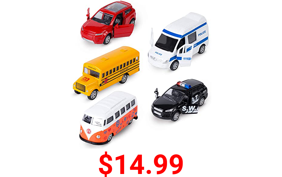 KIDAMI Die-cast Metal Toy Cars Set of 5, Openable Doors, Pull Back Car, Gift Pack for Kids (Official Car)