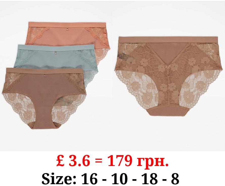 Pastel Ribbed Lace Trim Midi Knickers 3 Pack