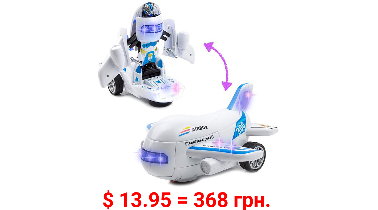 Toysery Deformation Airplane Toy Robot, Battery Operated Transformers Robot Toy with LED Light and Realistic Sounds, Bump and Go Action Airplane for Boys, Girls, Kids