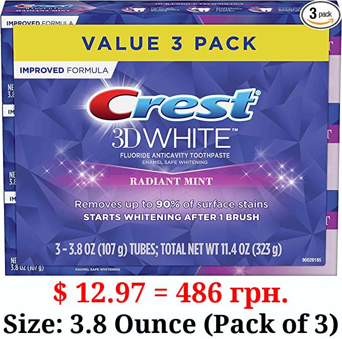 Crest 3D White Toothpaste Radiant Mint, 3.8 Oz (Pack of 3)