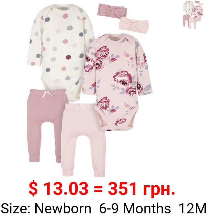 Modern Moments by Gerber Organic Baby Girl Onesies Bodysuits, Pants, and Headbands Set, 6-Piece