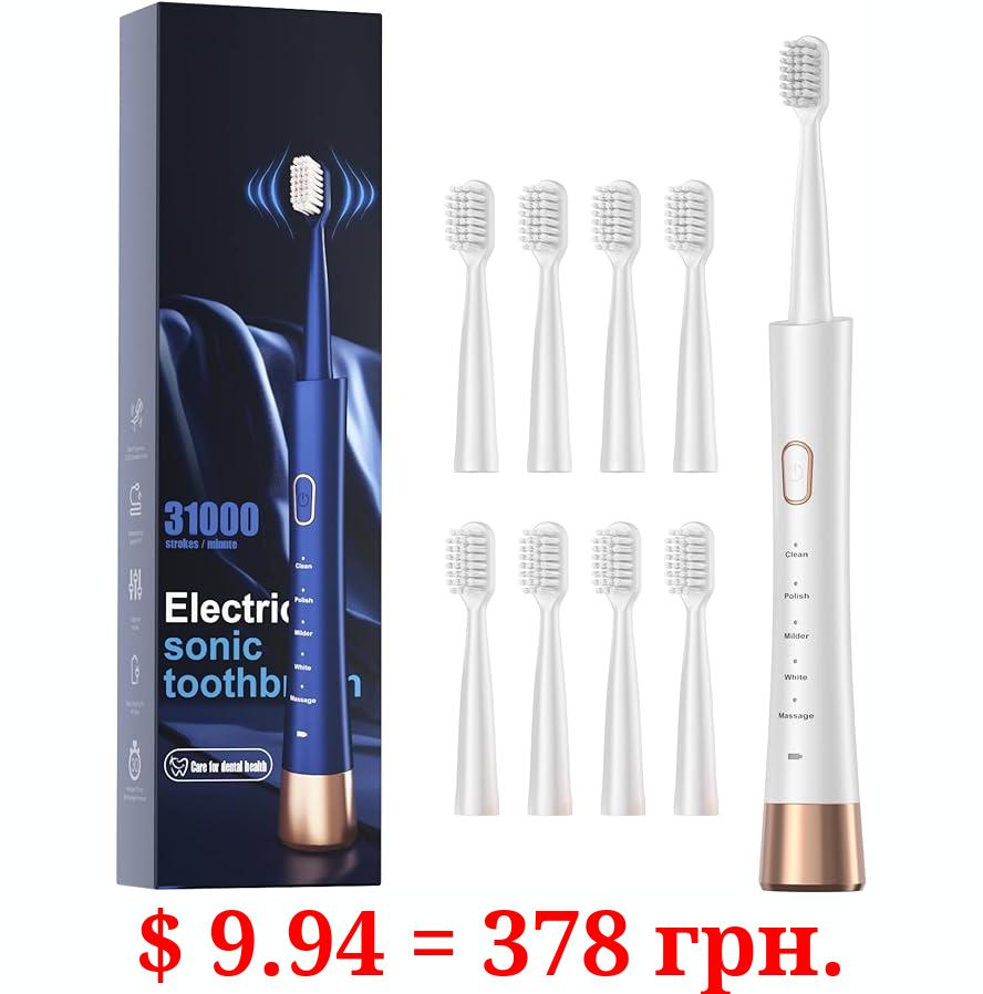 High Vibration Sonic Electric Toothbrush for Adults with 2 Minutes Smart Timer, Fast Charge Lasts Long, 5 Optional Modes, 8 Replacement Brush Heads Ultra Whitening, White