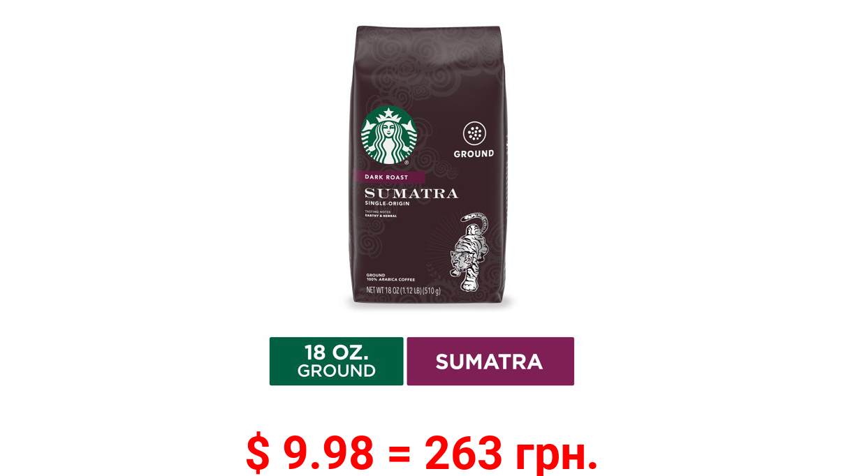 Starbucks Sumatra Dark Roast Ground Coffee, 18 Oz, Bag