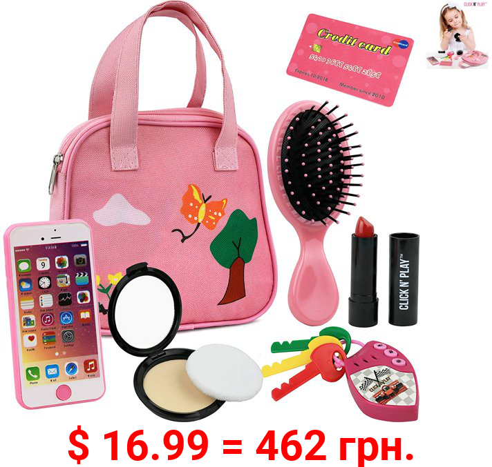 Click N' Play 8 Piece Girls Pretend Play Purse Loaded with Every Day Accessories