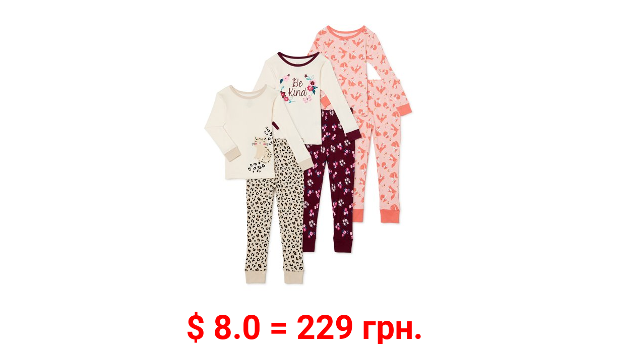 Wonder Nation Baby and Toddler Girl Long Sleeve Snug Fit Cotton Pajamas, 6-Piece Set, Size 12M-5T