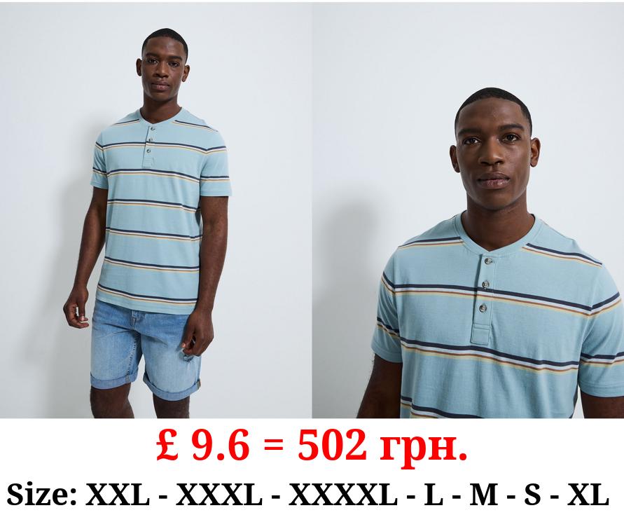 Pale Blue Striped Henley Neck T-Shirt