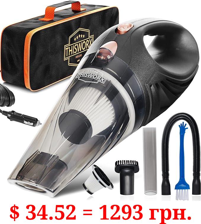 ThisWorx Car Vacuum Cleaner - Car Accessories - Small 12V High Power Handheld Portable Car Vacuum w/Attachments, 16 Ft Cord & Bag - Detailing Kit Essentials for Travel, RV Camper