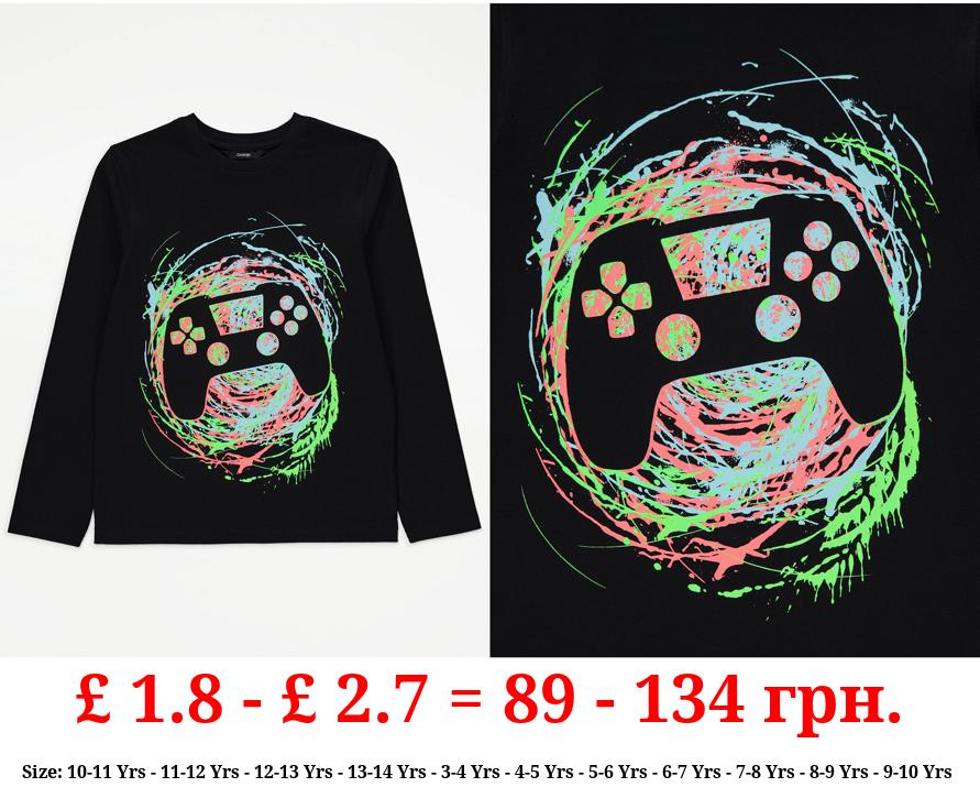 Black Gaming Controller Graphic Long Sleeve Top