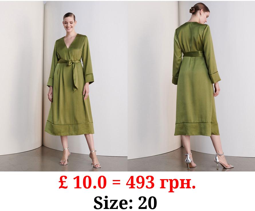Studio Edit Green Satin Wrap Midi Dress