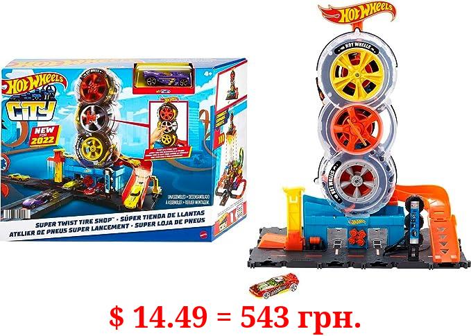 Hot Wheels Toy Car Track Set City Super Twist Tire Shop with 1:64 Scale Car, Single or Multi-Car Play