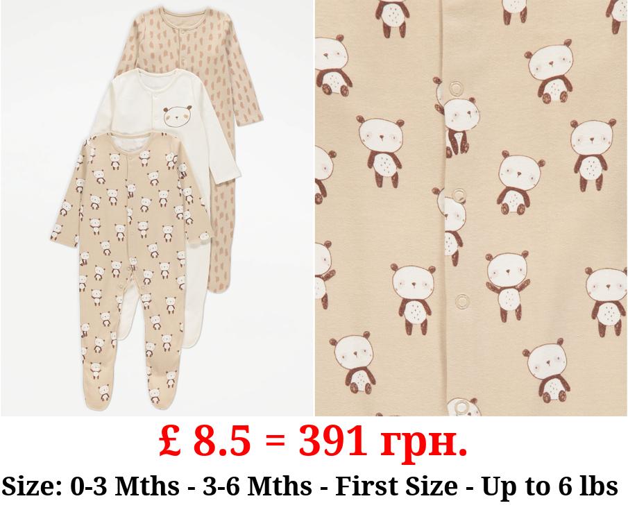 Unisex Brown Panda Print Sleepsuits 3 Pack