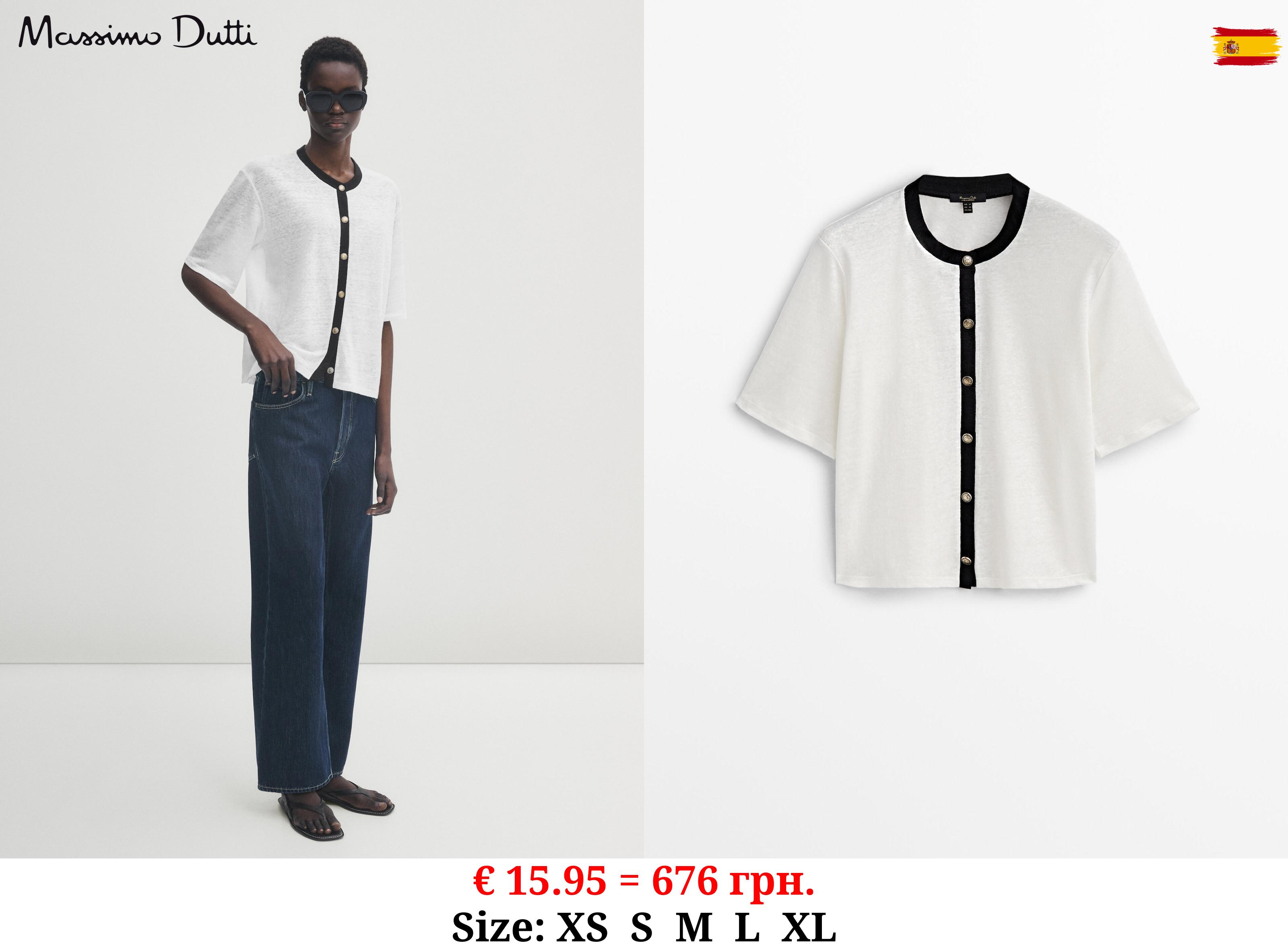 Contrast buttoned linen T-shirt CREAM