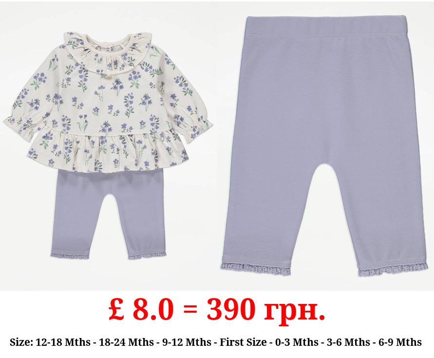 Lilac Floral Frilly Blouse and Leggings Outfit