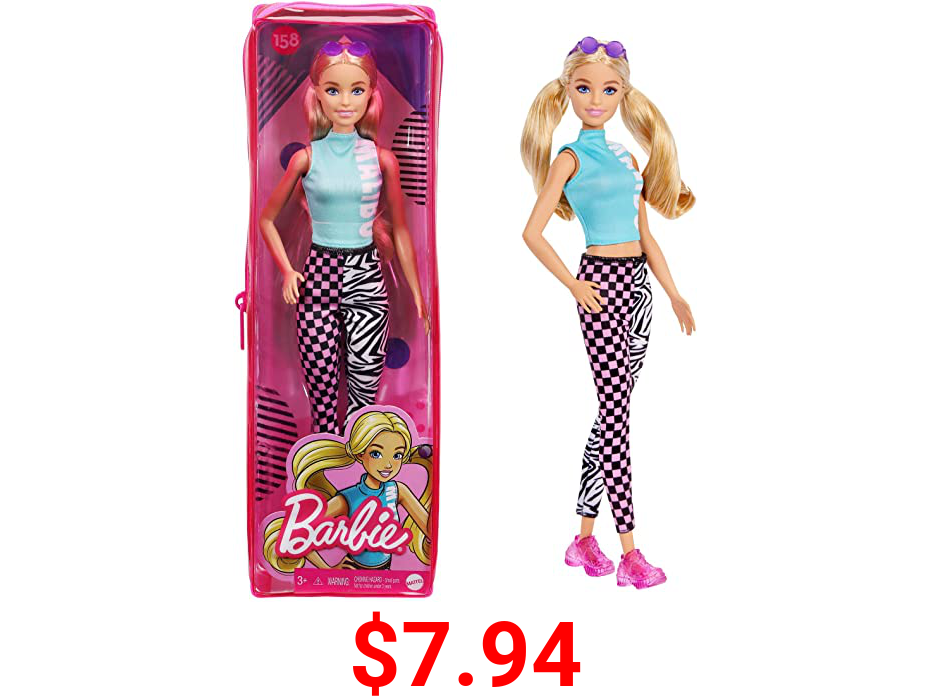 Barbie Fashionistas Doll #158, Long Blonde Pigtails Wearing Teal Sport Top, Patterned Leggings, Pink Sneakers & Sunglasses, Toy for Kids 3 to 8 Years Old
