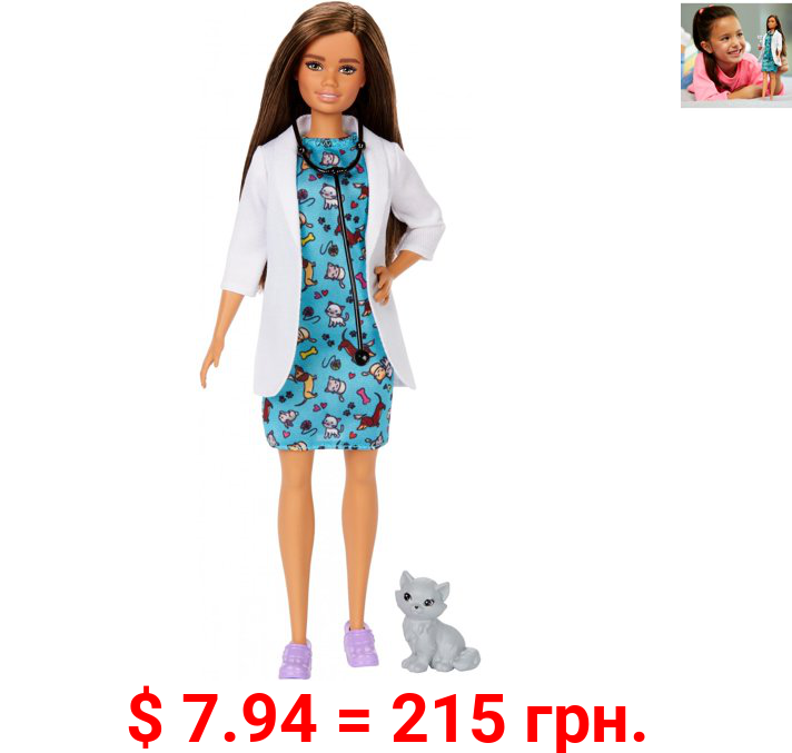 Barbie Pet Vet Brunette Doll With Medical Coat, Dress and Kitty Patient