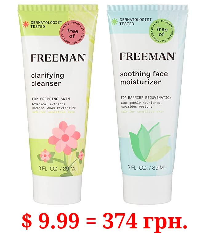 FREEMAN Clarifying Cleanser & Soothing Facial Moisturizer, Contains Botanical Extracts, AHAs, Ceramides & Aloe Vera, Hydrates & Calms Skin, Safe For Sensitive Skin, 2 Count