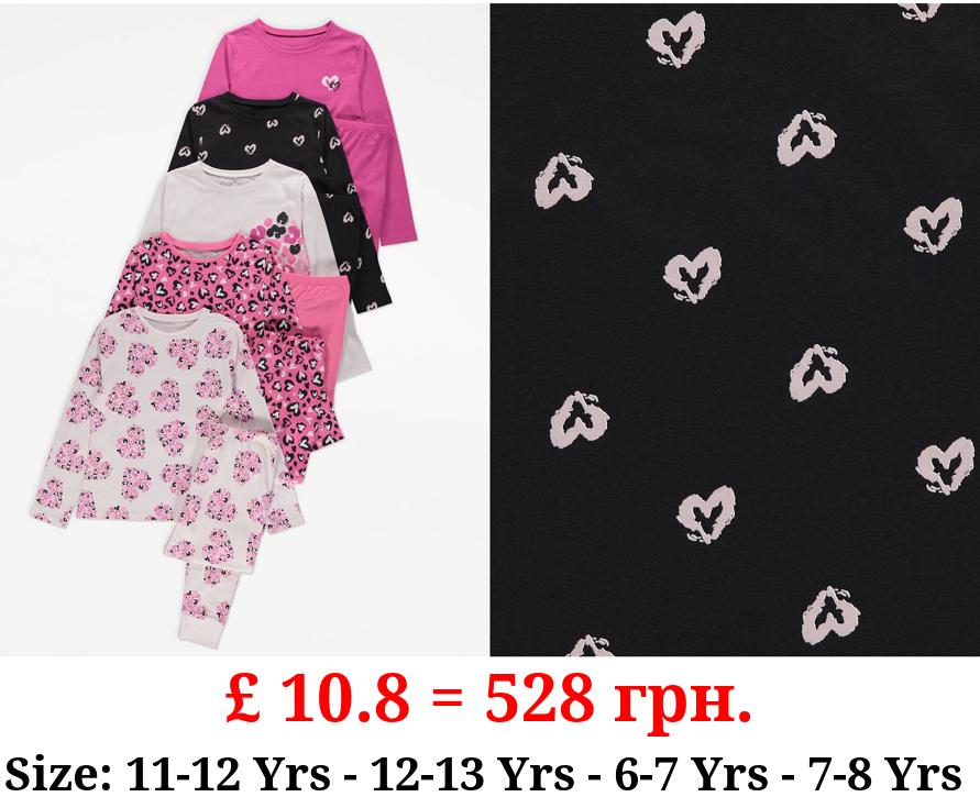 Leopard Heart Print Long Sleeve Pyjamas 5 Pack